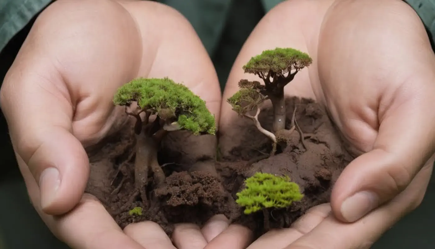 deux mains qui tiennent des arbres en terre